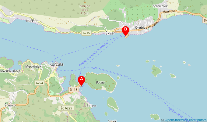 Map of ferry route between Korcula (Domince) and Orebic
